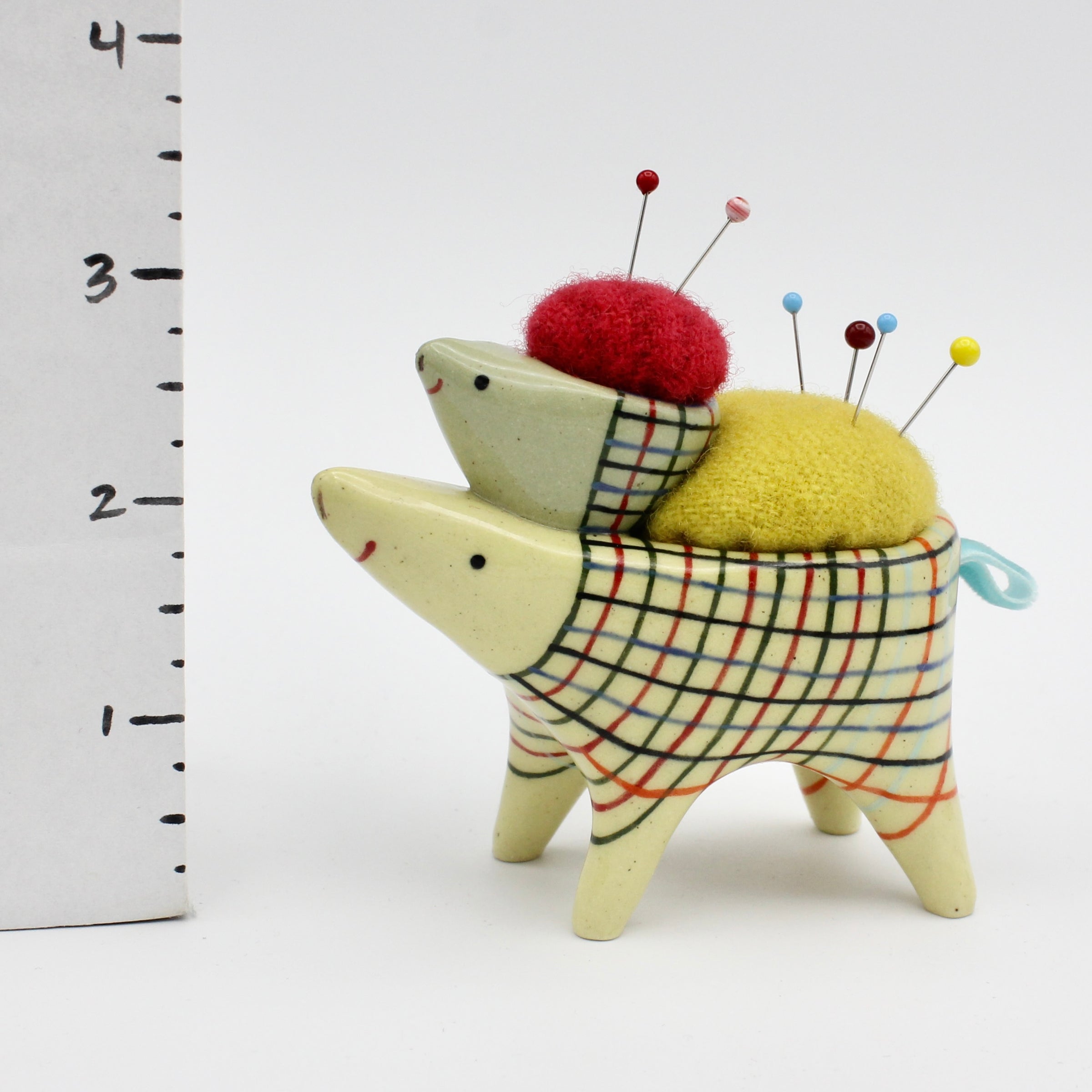Sidekick Pincushion with Friend in Green and Yellow Clay