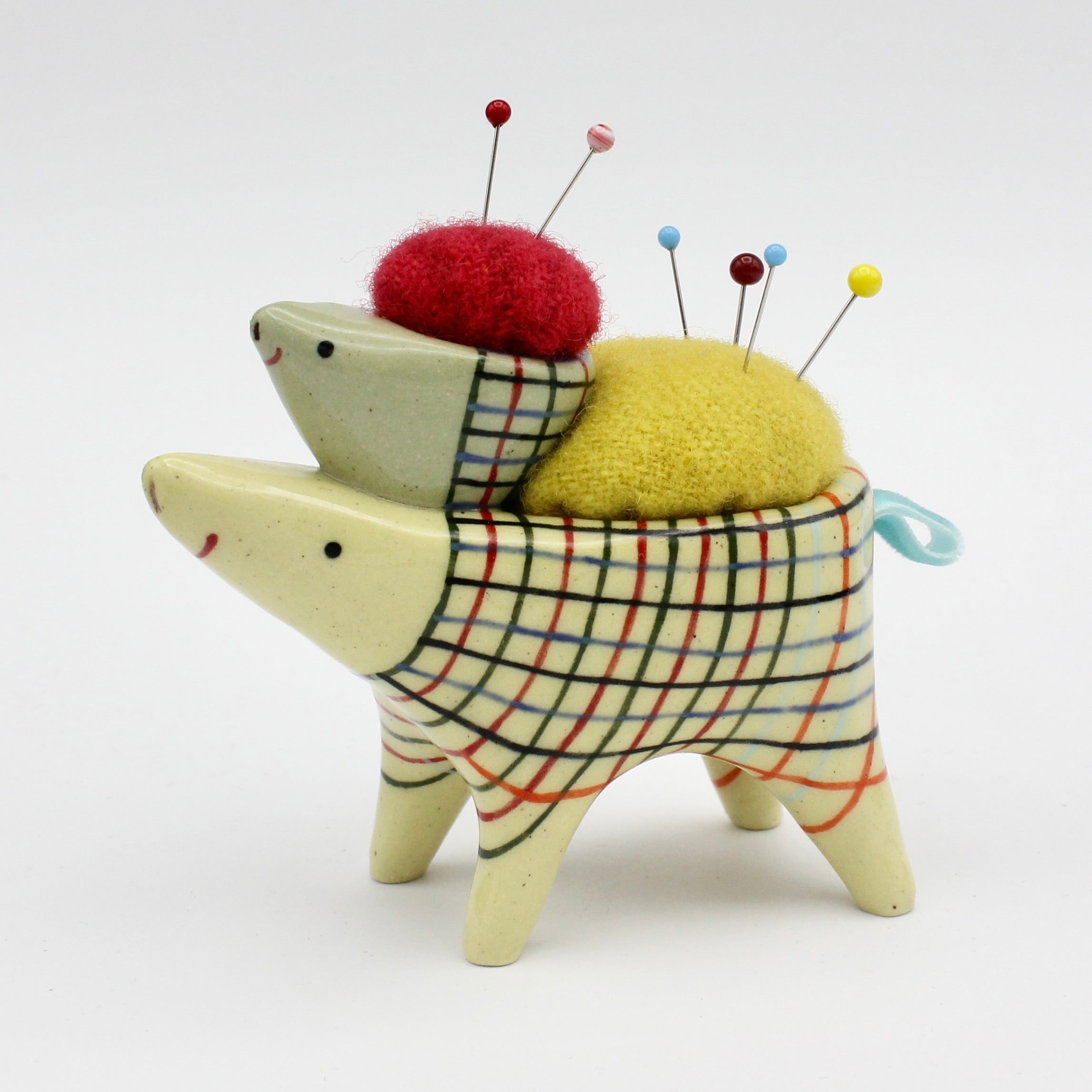 Sidekick Pincushion with Friend in Green and Yellow Clay