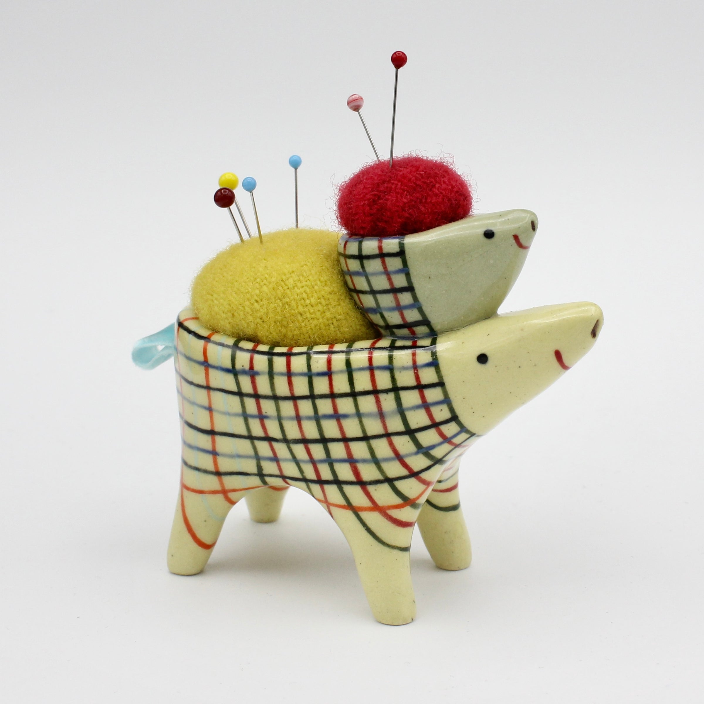 Sidekick Pincushion with Friend in Green and Yellow Clay