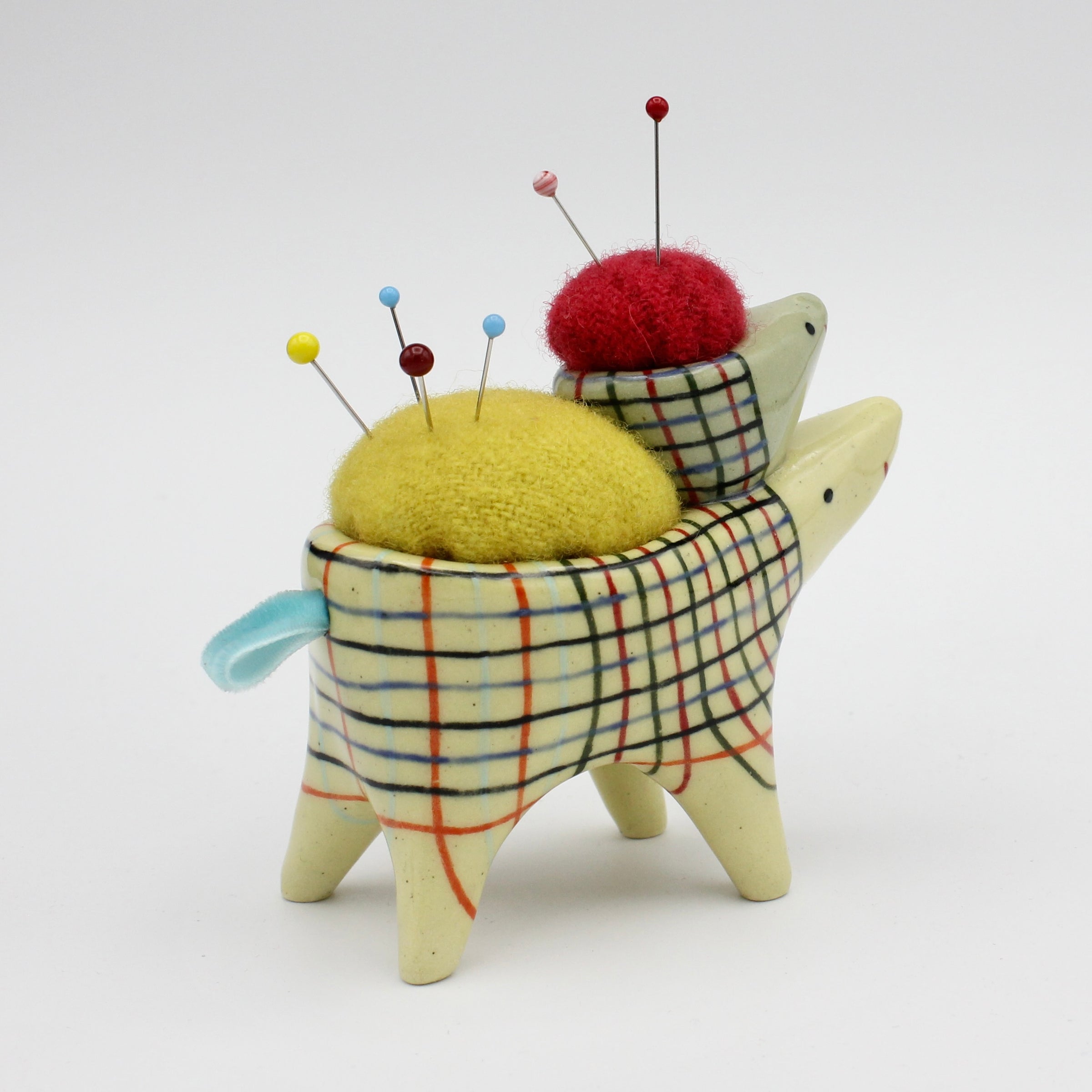 Sidekick Pincushion with Friend in Green and Yellow Clay